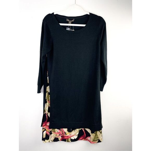 NWT Tommy Bahama Black Lightweight Silk Sweater Mini Dress With Floral Trim and - Picture 3 of 9